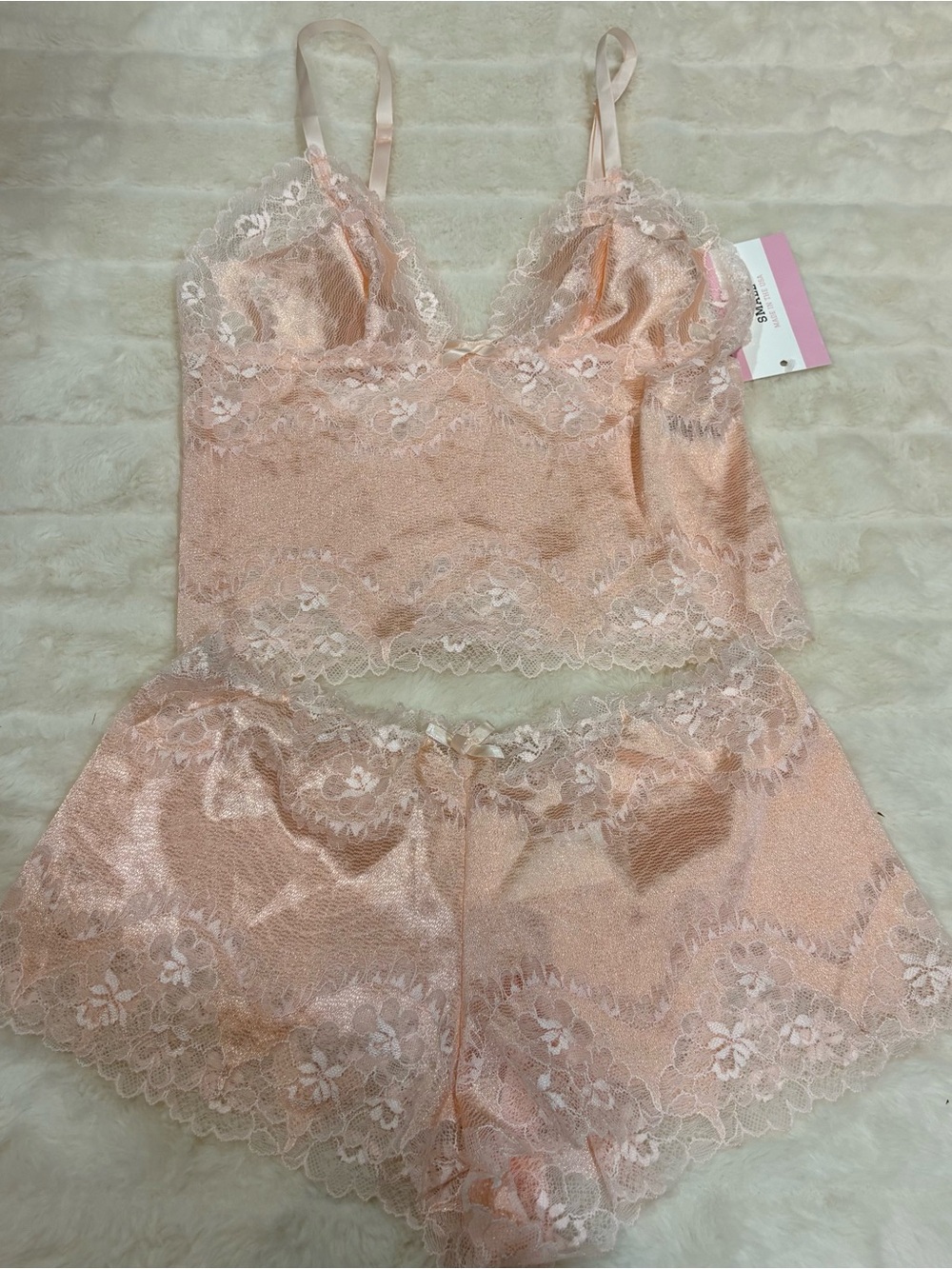 Lace-Trim Satin Cami & Short Sleep Set - Blush Pink handmade